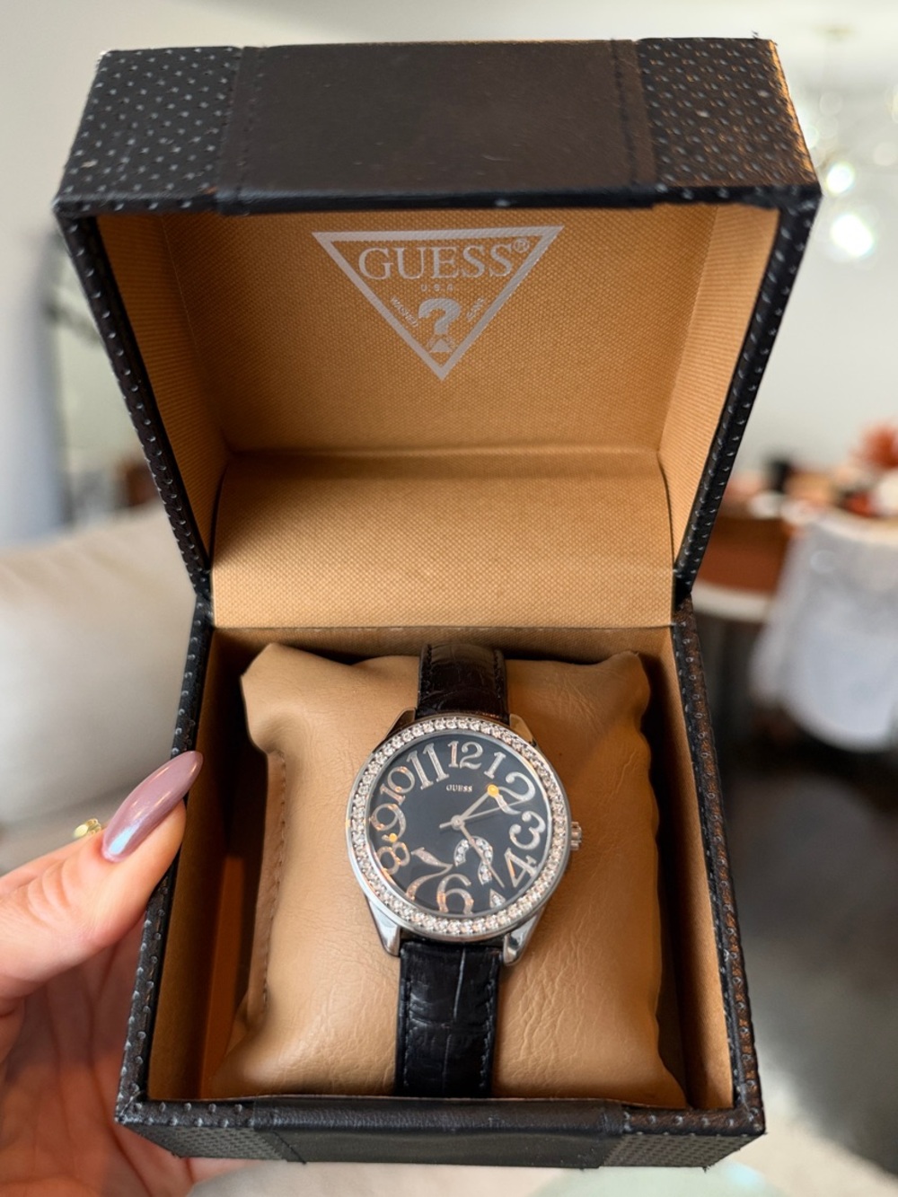 Guess Black Dial Crystal-Bezel Women's Watch with Dark Brown Leather Strap